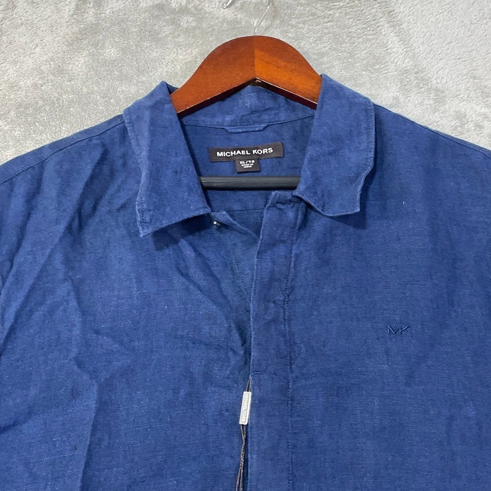 NWT Michael Kors 100% Linen Button up Shirt Men's XL Dark Midnight Blue Casual - Picture 8 of 10